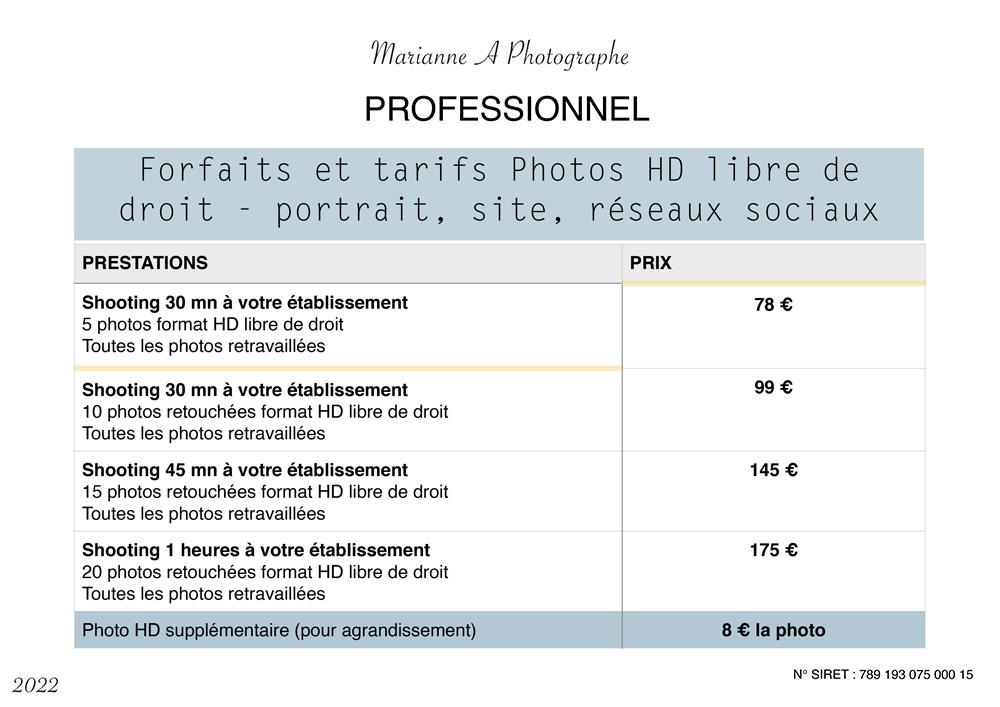 Forfaits et tarifs shooting professionnel e tablissement 2022